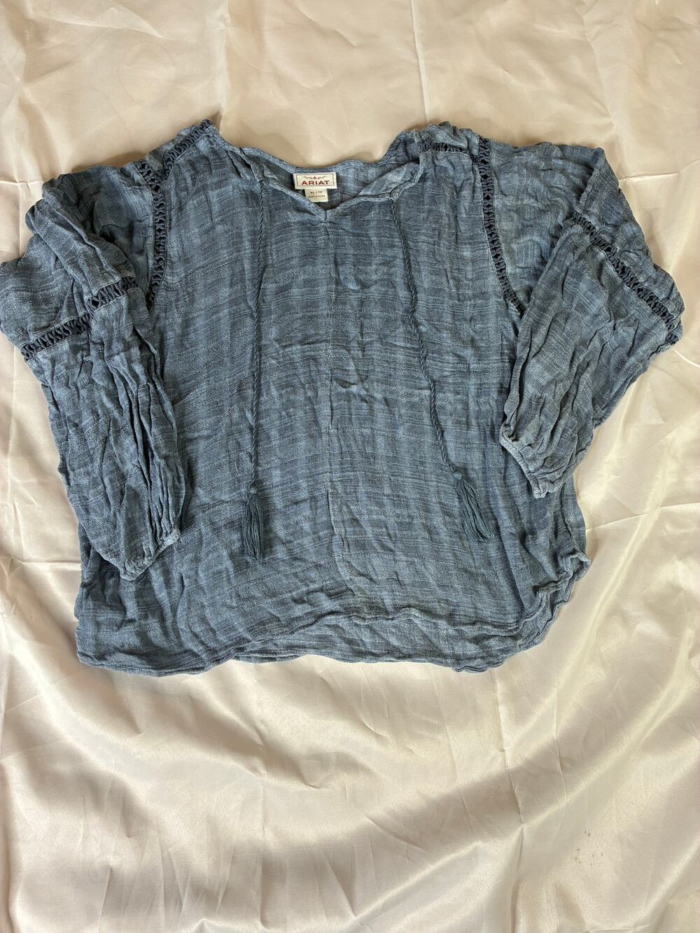 Ariat Womens XL Boho Peasant Top Gray Tassel Tie V-Neck Long Sleeve